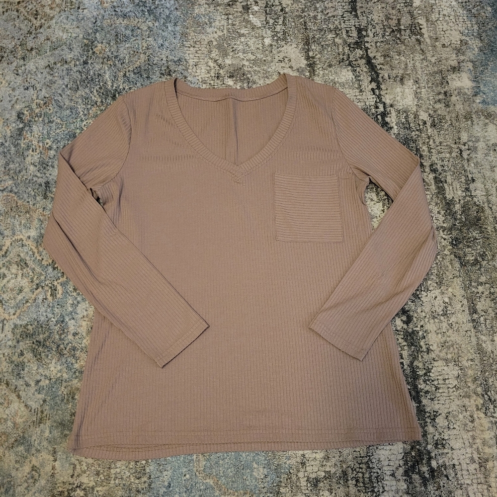 Women's V-Neck Ribbed Top - Tan Size XL - Picture 2 of 5